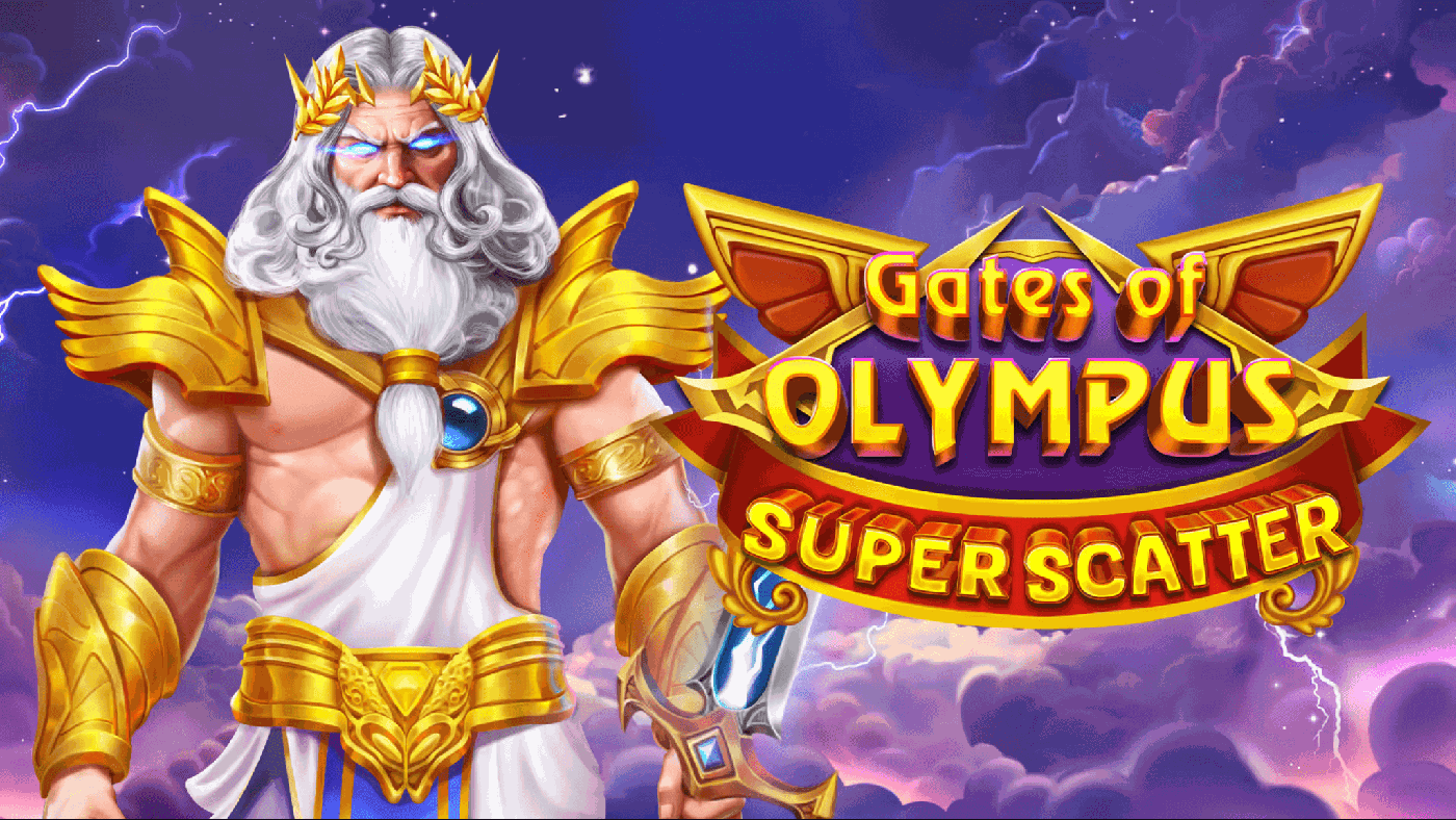 Zeus auf Wolken vor goldenem Walzenrahmen, umgeben von grünen Globus-Symbolen, purpurnen Kristalldreiecken und einer roten Kugel mit Krone im Stil von Gates of Olympus Super Scatter